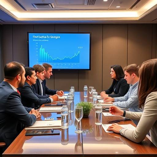Five people discussing fintech at a conference table